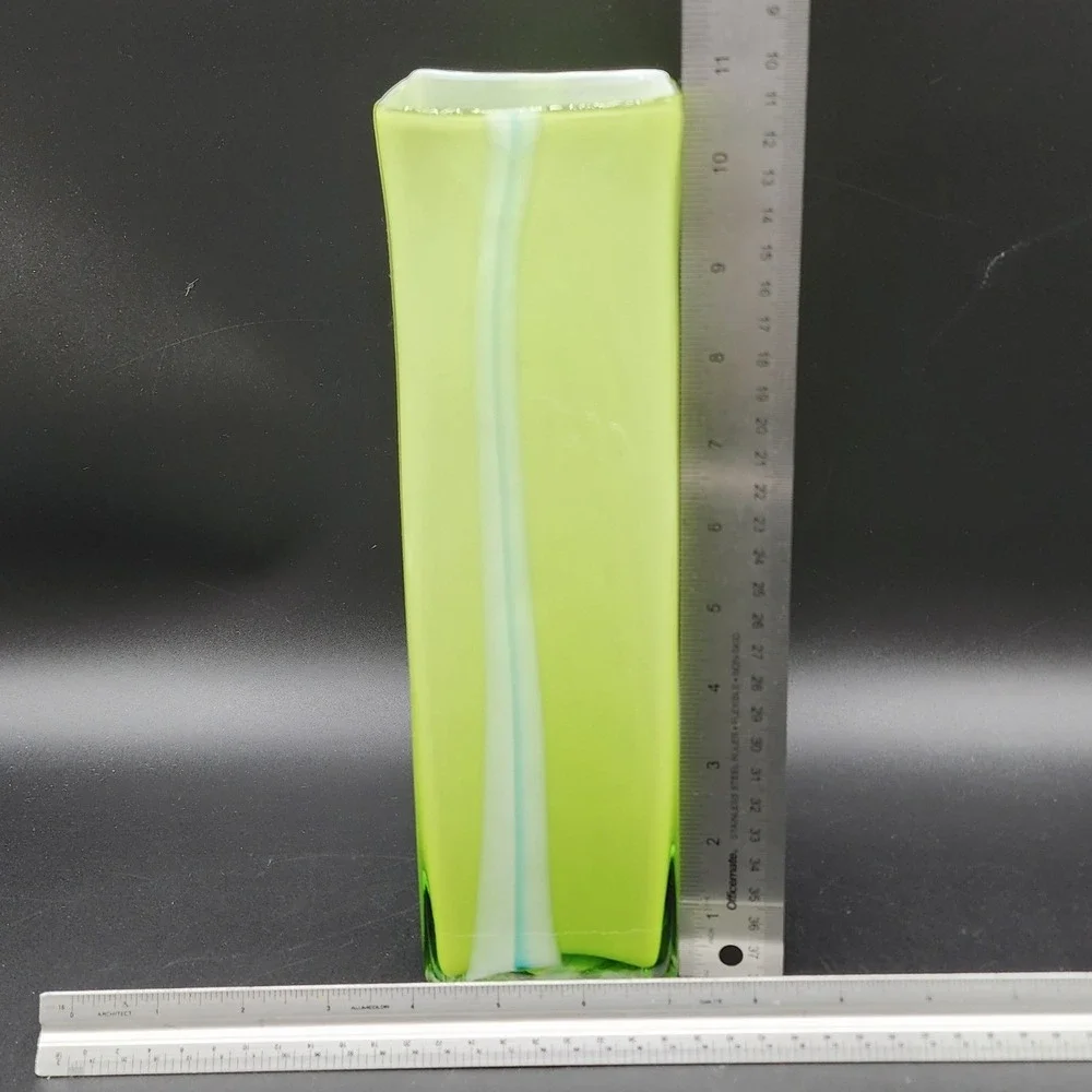 Pier 1  Green White Striped Art Glass Vase Square Cased Glass MCM Retro Decor